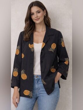 Black Pineapple Print Button shirt